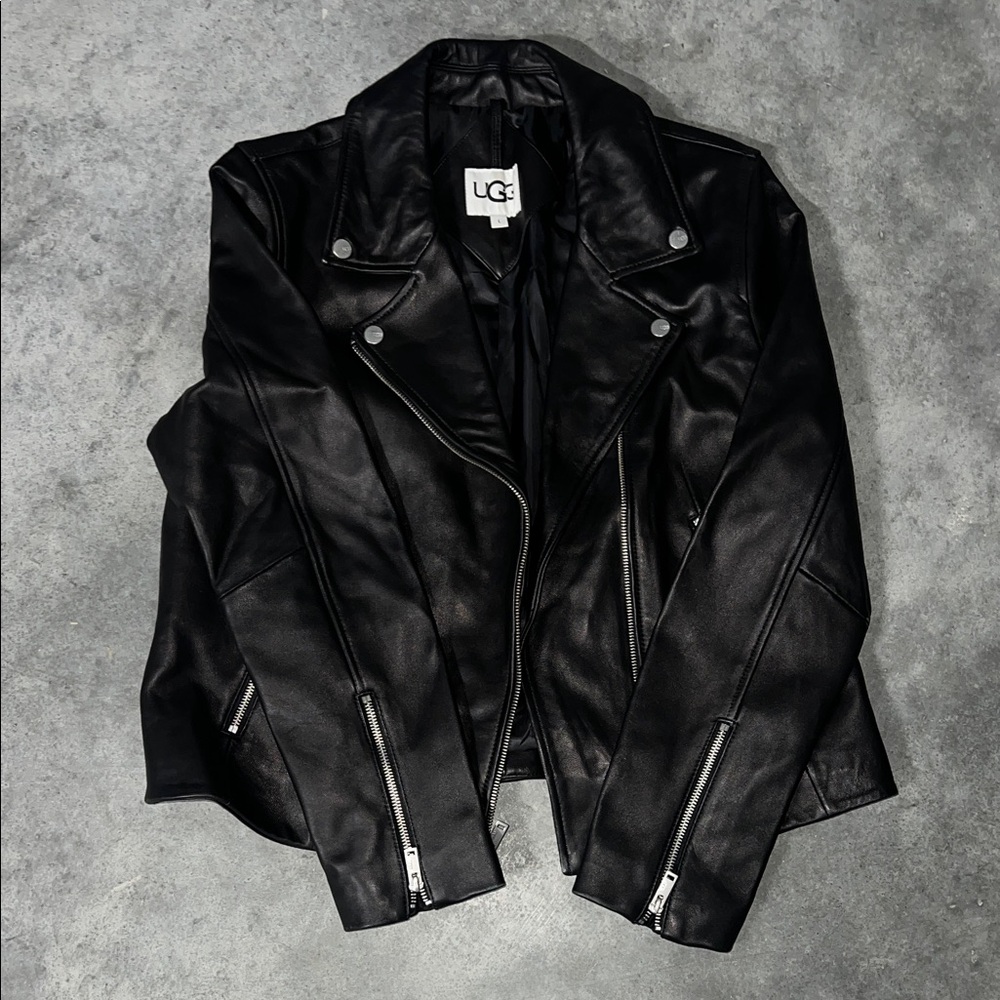 UGG Black Leather Biker Jacket with Zipper Details